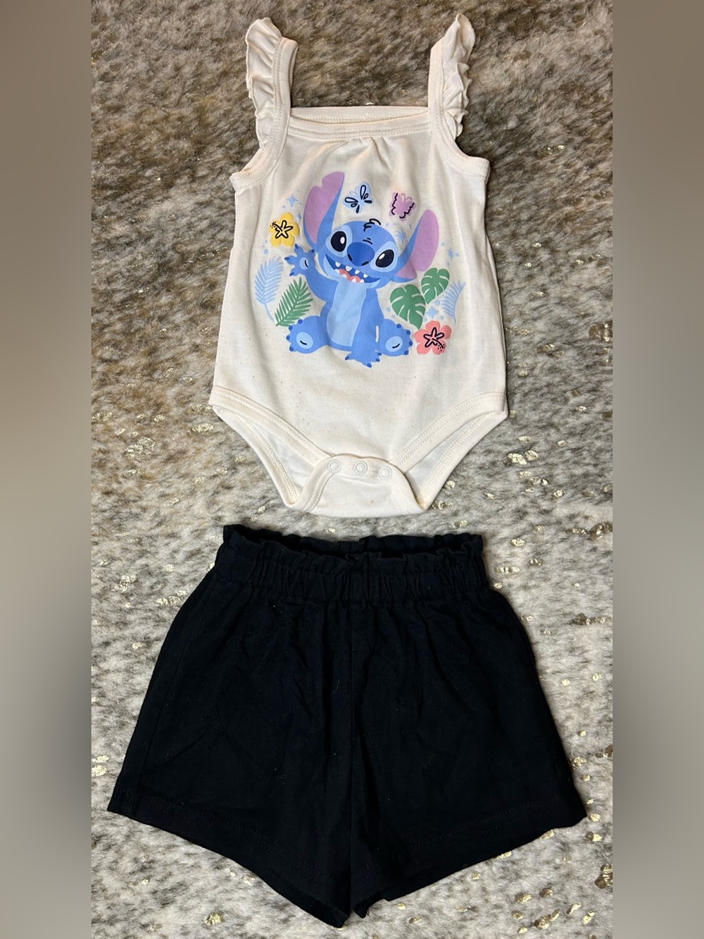 5 for $25🔥Disney Stitch Bodysuit & Black Shein Shorts Baby Girl 6-9 Months